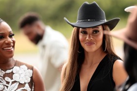 Ashley Darby in a cowgirl hat, standing with Tia Glover on Real Housewives of Potomac
